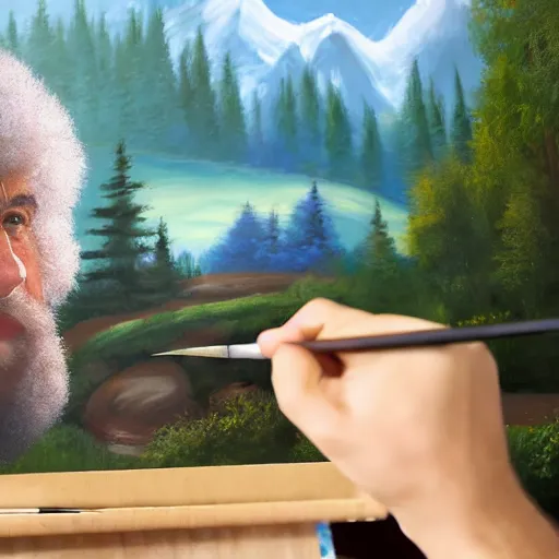 Image similar to a closeup photorealistic photograph of bob ross working on a canvas painting of cookie monster. film still. brightly lit scene. mountains and trees. this 4 k hd image is trending on artstation, featured on behance, well - rendered, extra crisp, features intricate detail, epic composition and the style of unreal engine.