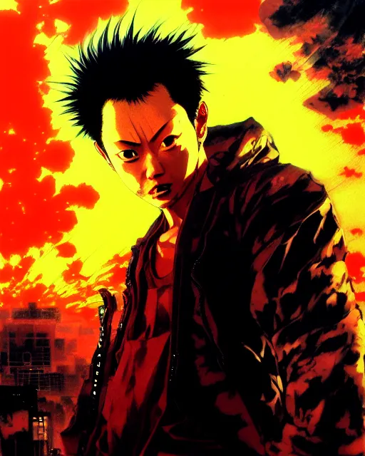 Image similar to tetsuo over neo - tokyo, silhouetted by a red sun | anime, realistic shaded perfect face, fine details. realistic shaded lighting poster by katsuhiro otomo, akira, artgerm, jeremy lipkin and michael garmash and rob rey