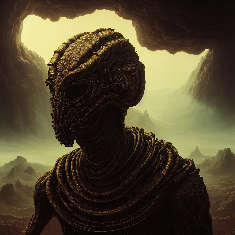 Prompt: portrait of beautiful man wearing black ribbed scorpio as mask, wastelands on exoplanet, baroque painting, beautiful intricate insanely detailed octane render, artstation, 8 k artistic harsh flash photography, photorealistic, volumetric perfect light, chiaroscuro, raphael, caravaggio, beksinski, rutkowski, giger