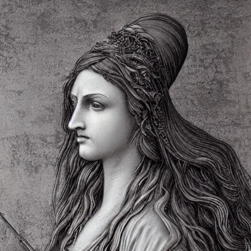 Prompt: portrait of a greek goddess of wisdom, fantasy, majestic, somber very detailed long hair