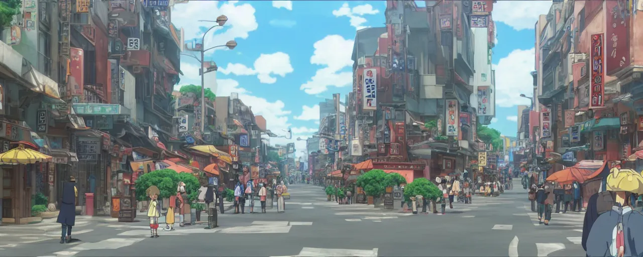 Image similar to A screenshot of the seoul city street in the scene in the Ghibli anime film, pretty rim highlights and specular