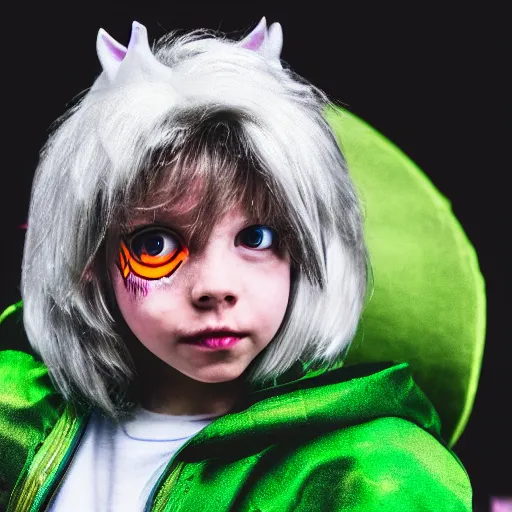 Image similar to portrait photo still of a young asriel dreemurr from undertale, 8 k, 8 5 mm f 1. 8