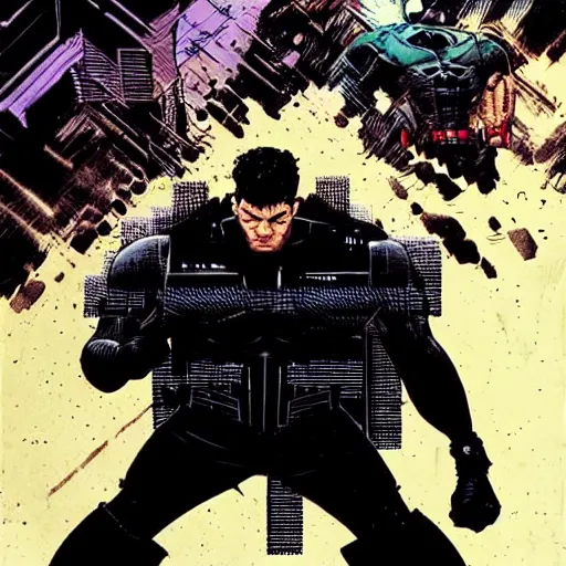 Image similar to the punisher punching bruce wayne, centered in the frame, cyberpunk concept art by Jean Giraud and josan gonzales, digital art, highly detailed, intricate, sci-fi, sharp focus, Trending on Artstation HQ, deviantart, 4K UHD image