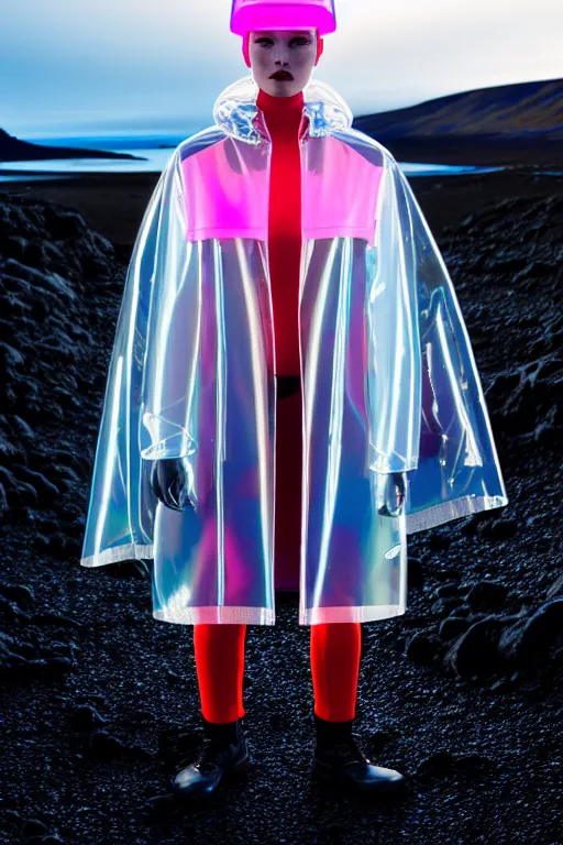 Image similar to an ultra high definition professional high fashion portrait studio full length photograph of a model wearing a transparent pearlescent raincoat and neon visor in an icelandic black rock environment at dawn. no artefacts. extremely detailed. stark. refraction. shallow depth of field. volumetric light and shadow. ray tracing. light rays.