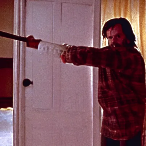 Image similar to here's johnny, breaking through the doo with an axe, in the movie the shining