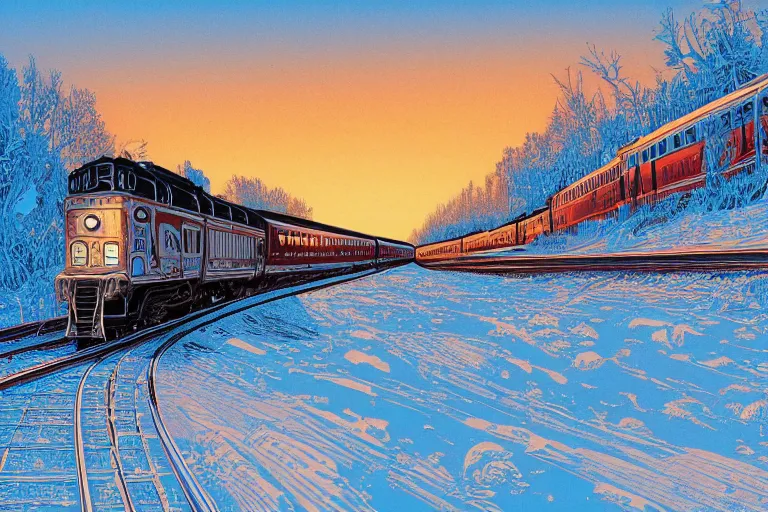 Image similar to trans - siberian express train ultrafine drawing by joe fenton and syd mead and p. craig russell and barry windsor - smith, artstation, 4 k, graphic novel, concept art, matte painting, beautiful russian winter landscape sunset background, golden hour, art nouveau, sharp