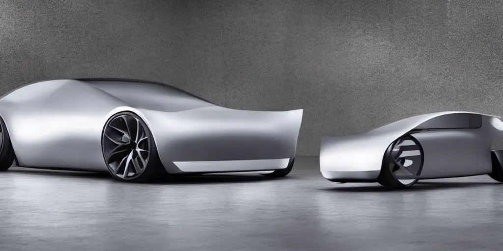 Image similar to a futuristic minimal silver sports car sedan designed by Apple, Jonny I’ve and Steve Jobs.