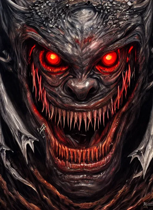 Image similar to close up portrait of an evil monster of hell, evil eyes, sharp disgusting teeth, screaming, scary as hell, sinister, bad vibes, oil painting by tomasz jedruszek, cinematic lighting, pen and ink, intricate line, hd, 4 k, million of likes, trending on artstation