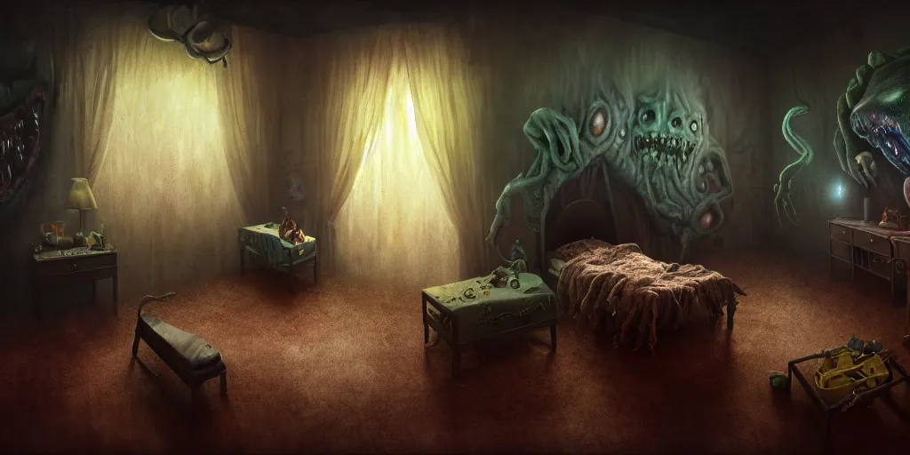 Prompt: matte oil painting of a cosmic horror monstrosity inside of a child's bedroom, extremely detailed, disturbing, cinematic, 4 k, 8 k