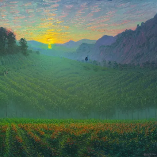 Prompt: enormous cannabis plantation in a valley, sunset in background, surreal, by simon stalenhag and claude monet, oil on canvas