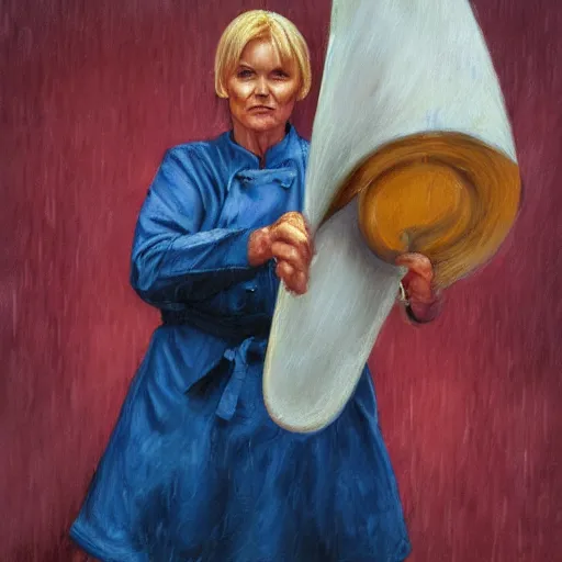 Prompt: woman with pointed ears and short blonde hair, standing in the rain wearing a kitchen maid's uniform and holding a chef's knife, fantasy, character portrait, hyper realism, colorful, oil painting