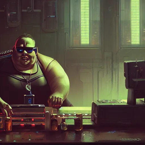 Image similar to portrait of an overweight cyberpunk barkeeper, robotarm, ratz, neuromancer, bar background, painted by greg rutkowski, painted by igor kieryluk, high detail, dramatic light, digital art, trending on artstation