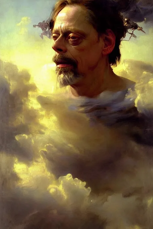 Image similar to beautiful detailed expressive impressionistic oil painting portrait of ancient roman god emperor steve buscemi ascending into the clouds wearing the civic crown, renaissance painting, art by anders zorn, wonderful masterpiece by greg rutkowski, expressive brush strokes, beautiful cinematic light, american romanticism by greg manchess, jessica rossier