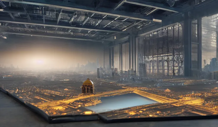 Image similar to group of people in bare walled warehouse, looking at hologram of futuristic city on a table, cinematic concept art, godrays, golden hour, natural sunlight, 4 k, clear details, tabletop model buildings, center model buildings, hologram center, crane shot, crane shot, crane shot