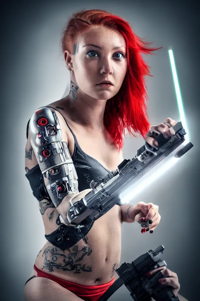 Image similar to Hot young woman with grey skin, red hair, tattoos, wearing cyborg components and holding advanced laser sword , hyperrealistic, photorealistic, HDR, volumetric lighting, bokeh