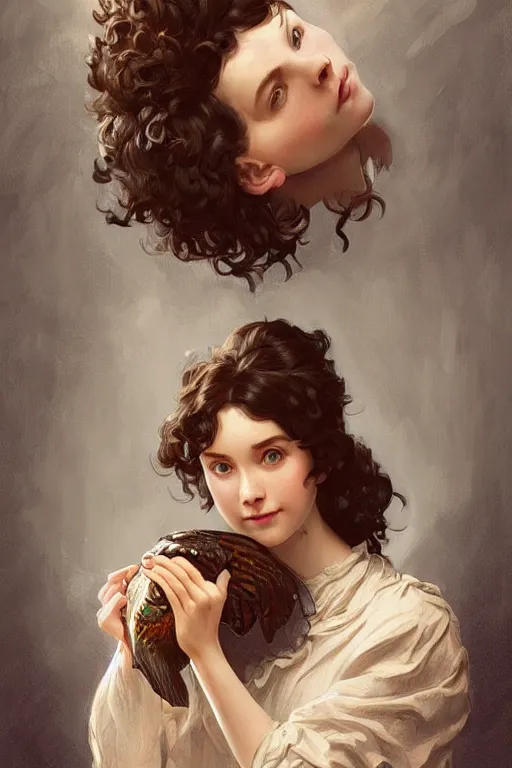 Prompt: beautiful cottagecore of a girl with short black curly hair, round face, cute face, holding a salmon-coloured vase. intricate, elegant. highly detailed, digital painting, artstation, concept art, smooth, sharp, focus, illustration. . art by artgerm and greg rutkowski and alphonse mucha