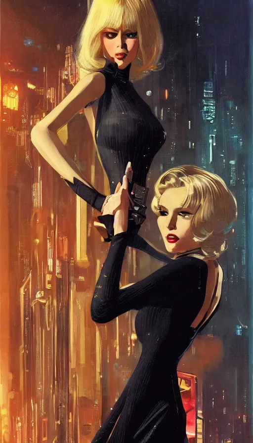 Prompt: a portrait of a beautiful blonde femme fatale woman wearing a cocktail dress, and pointing a pistol, long hair, in a futuristic blade runner city, art by Robert McGinnis, Pixar, trending on Artstation, 8K,