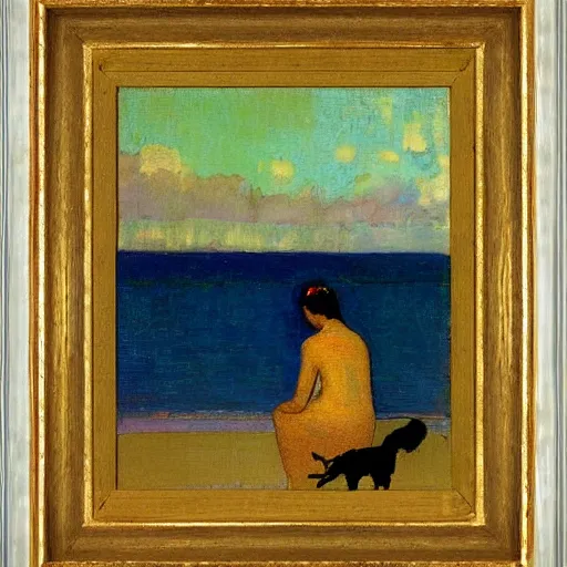 Image similar to a woman and her chiweenie looking out to sea by odilon redon