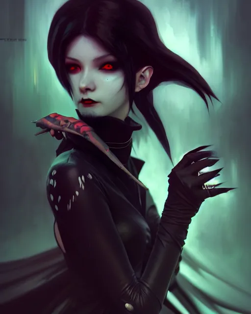 Image similar to dark vampire, character portrait, concept art, painterly, fanart, highly detailed in the style of overwatch by ilya kuvshinov and gustave dore, wenjun lin,