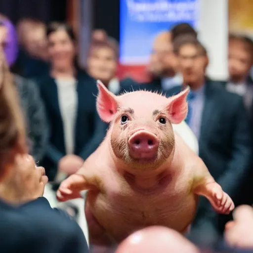 Prompt: a miniature pig in a suit giving a speech in front of a crowd of people