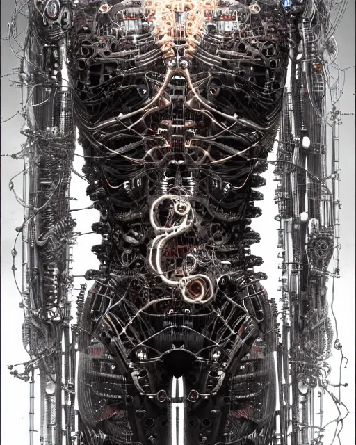 Image similar to photo of a biomechanical torso of a cyborg plugged into a quantum computer with cables and wires. cyberpunk horror style. art by luis royo. highly detailed 8 k. intricate. nikon d 8 5 0 5 5 mm. award winning photography.