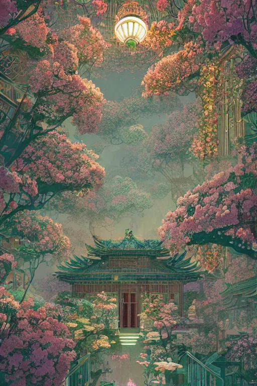 Image similar to a beautiful hyperdetailed matte illustration victo ngai style of absolutely beautiful blooming flower house, from china, perfectly shaded, atmospheric lighting, style of studio ghibli, makoto shinkai, raphael lacoste, louis comfort tiffany, artgerm, james jean, ross tran, chinese style