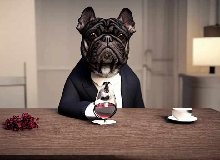 Image similar to a portait picture of a dog wearing a formal suit near a table with a cup of wine, concept art, octane render, unreal engine 5, 4K, symmetrical, low contrast, serene landscape, calm, relaxing, high quality, highly detailed, high coherence, path tracing, natural light, trending on DeviantArt