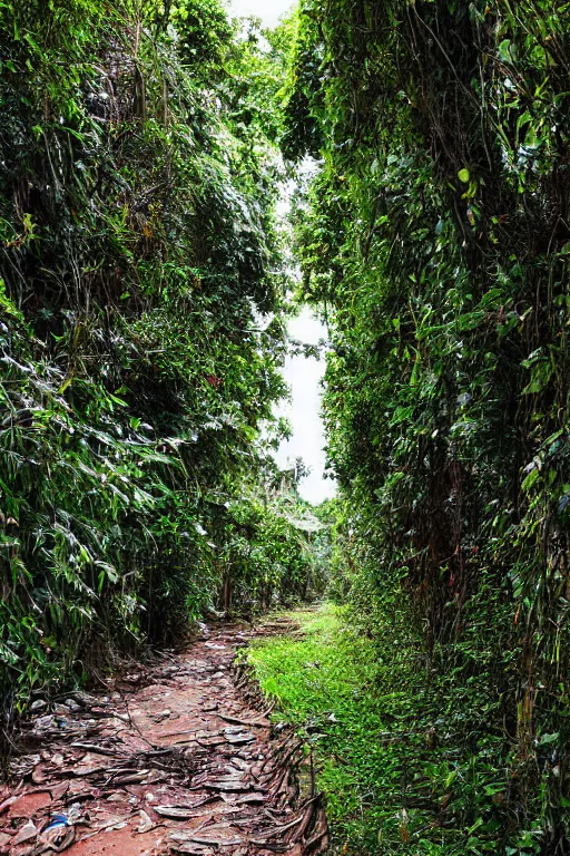 Image similar to abandoned sri lankan street, overgrown greenery, photograph