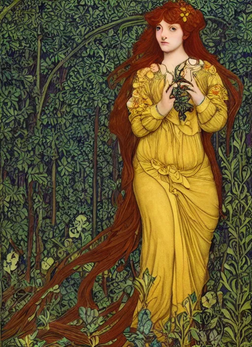 Image similar to masterpiece beautiful seductive flowing curves pose preraphaelite portrait photography, straight bangs, thick set, yellow ochre ornate medieval dress, mushroom forest arch, amongst foliage, william morris and kilian eng and mucha, framed, 4 k