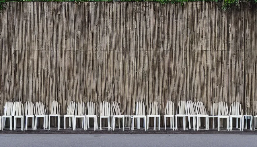 Prompt: chairs piled up ten meters high along the walls of the street, hyperrealistic shaded