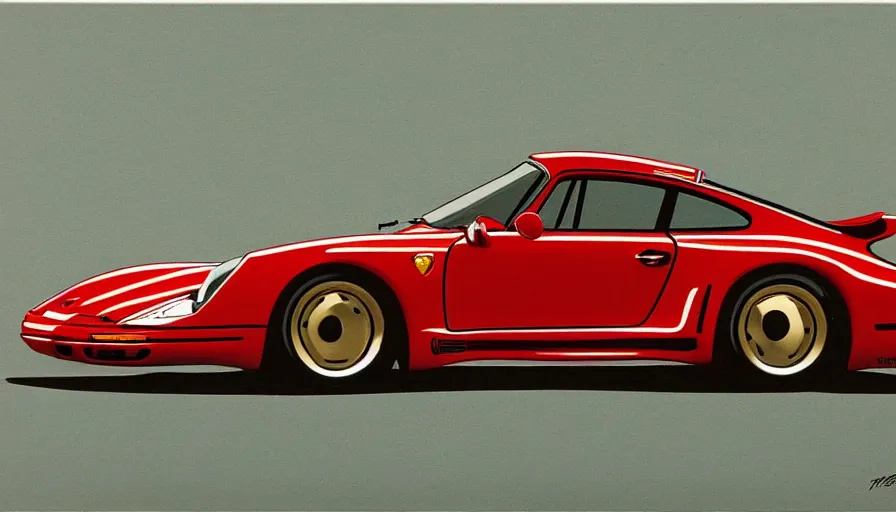 Prompt: Porsche 959 as designed by General Motors in 1975, concept drawing my Syd Mead, full color catalog print