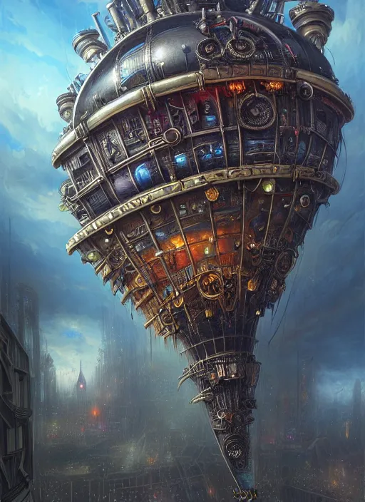 Image similar to hyper detailed ultra sharp of a gothpunk steampunk overcrowded city airship. trending on artstation, warpaint aesthetic, earthwave, colorful, psychedelic, ornate, intricate, digital painting, concept art, smooth, sharp focus, illustration, art by artgerm and greg rutkowski and h. r. giger, 8 k