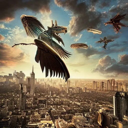 Prompt: A beautiful print of a large, flying, robotic creature swooping down over a cityscape. The creature has a long, snake-like body with large, razor-sharp wings. It is attacking a group of people who are running in terror. by Frits Van den Berghe terrifying