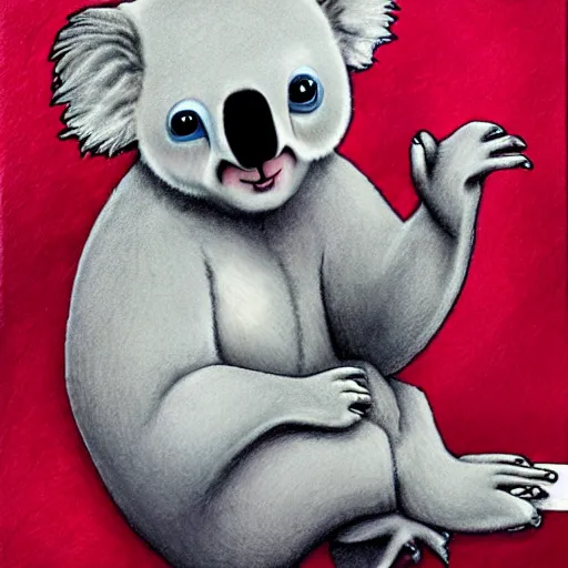 a painting of a koala in underwear eating spaghetti in