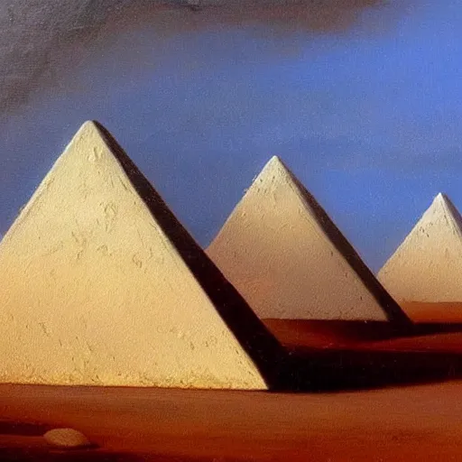 Prompt: Zinc white pyramids in the desert, oil painting, highly detailed, artwork, in style of Albert bierstadt