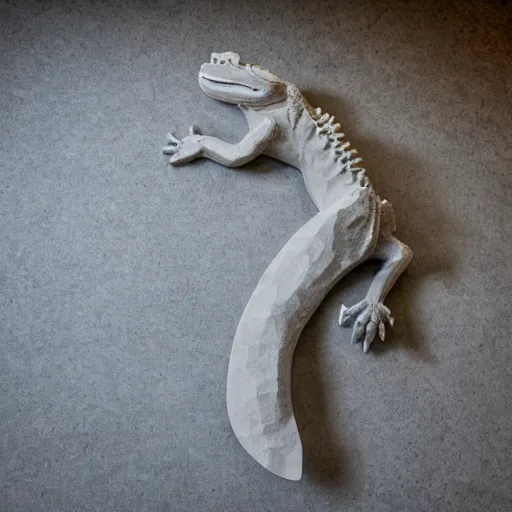 Image similar to rough plaster sculpture of an alligator on a skateboard, high resolution photograph, strong directional light, strange atmosphere