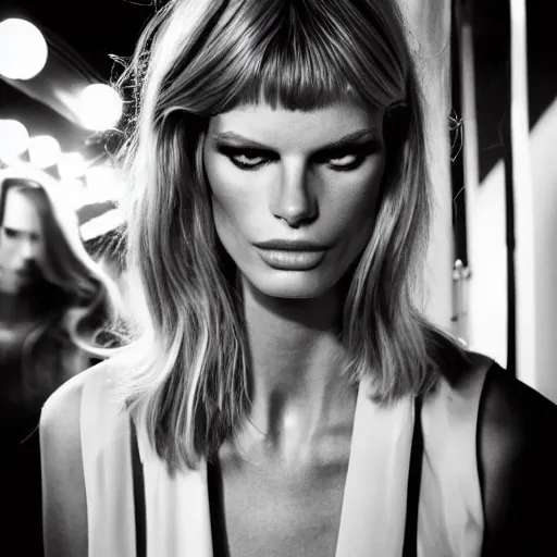 Image similar to A beautiful portrait of Julia Stegner as a model at Versace fashion show Spring/Summer 2014, highly detailed, in the style of cinematic, fashionweek backstage,makeup by Pat Mcgrath, Shot by Benny Horne