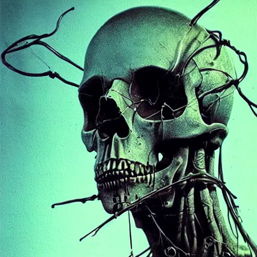 Image similar to horrific cyborg, horror movie lighting, exposed skull and wires, beksinski art style,