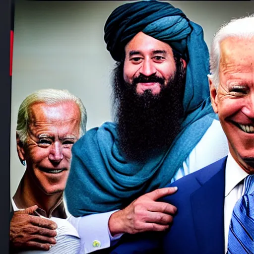 Prompt: 4 k portrait sony a 7 f 2. 8 of mark zuckerberg as a taliban leader hugging us president joe biden as a taliban leader