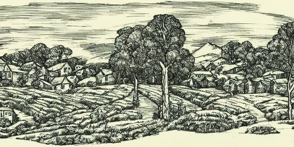 Prompt: Village with fields and sun. Rural landscape with small farm and trees. Hand drawn engraving style