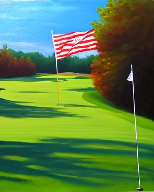 Image similar to oil painting of golf course, flag, oil painting,