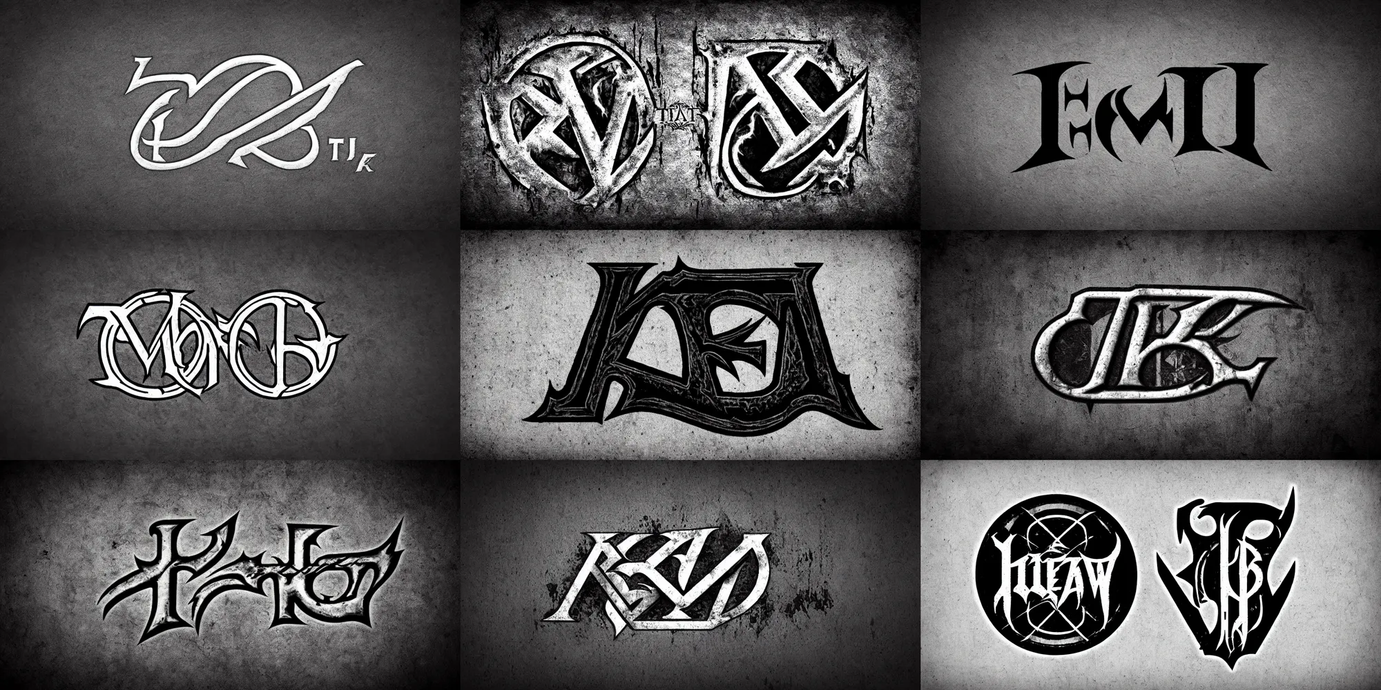 Prompt: logo in gothic style, letter t, influenced by heavy metal, tagapaw, dark, grayscale, vintage