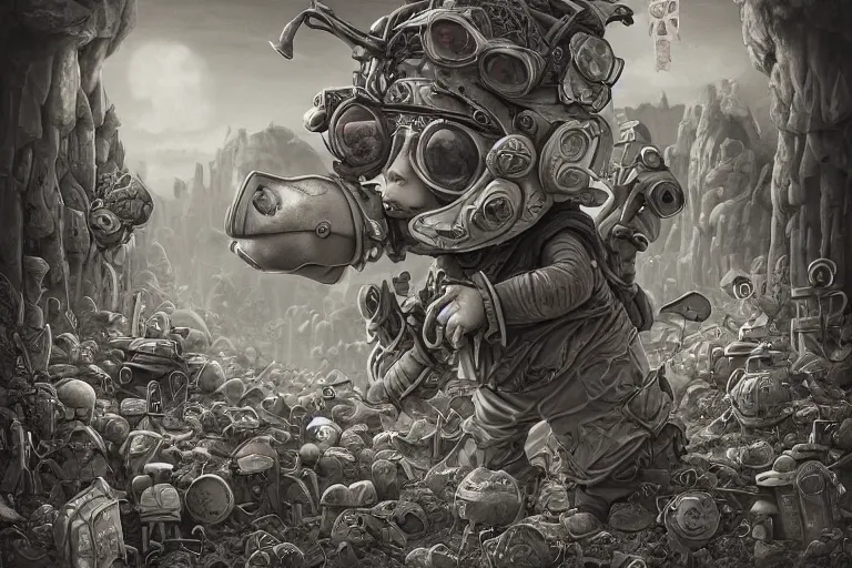 Image similar to a highly detailed forgotten garden gnome wearing goggles and head scarf surviving in a vast barren desert, hopeless wasteland background with a relentless raging sun overhead, post - apocalyptic road warrior vibe, full body, wide angle, an ultrafine detailed painting by joe fenton, trending on deviantart, pop surrealism, whimsical, lowbrow, perfect symmetrical face, sharp focus, octane, masterpiece