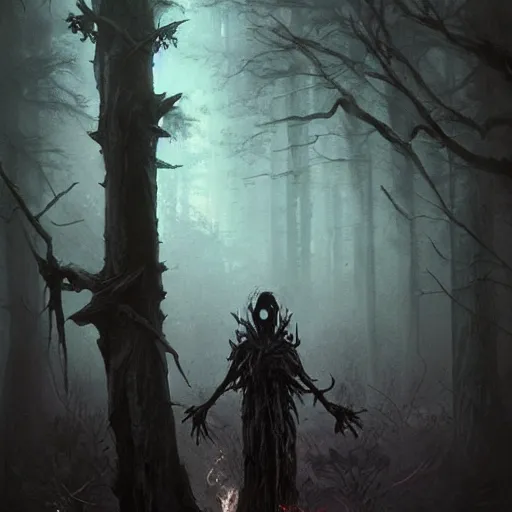 Prompt: a beautiful and terrifying new creature from folklore, dark, ominous, looming, visible behind the trees. smoke and shadow, glowing eyes and glowing mouth. clear detailed view. ethereal fantasy art by greg rutkowski