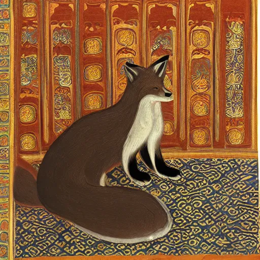 Image similar to An anthropomorphic fox in a silk robe sitting inside a lavish mosque, beautiful painting