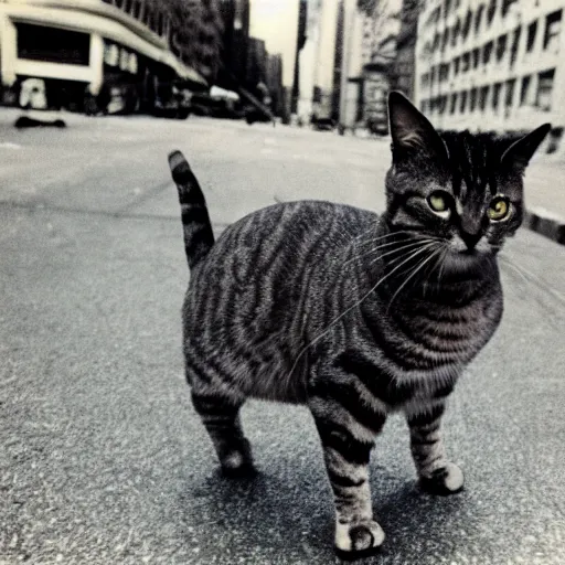 Prompt: wide-shot low-angle cat's eyesight photo of banana at the street in New York, polaroid photo, by Andy Warhol, signed