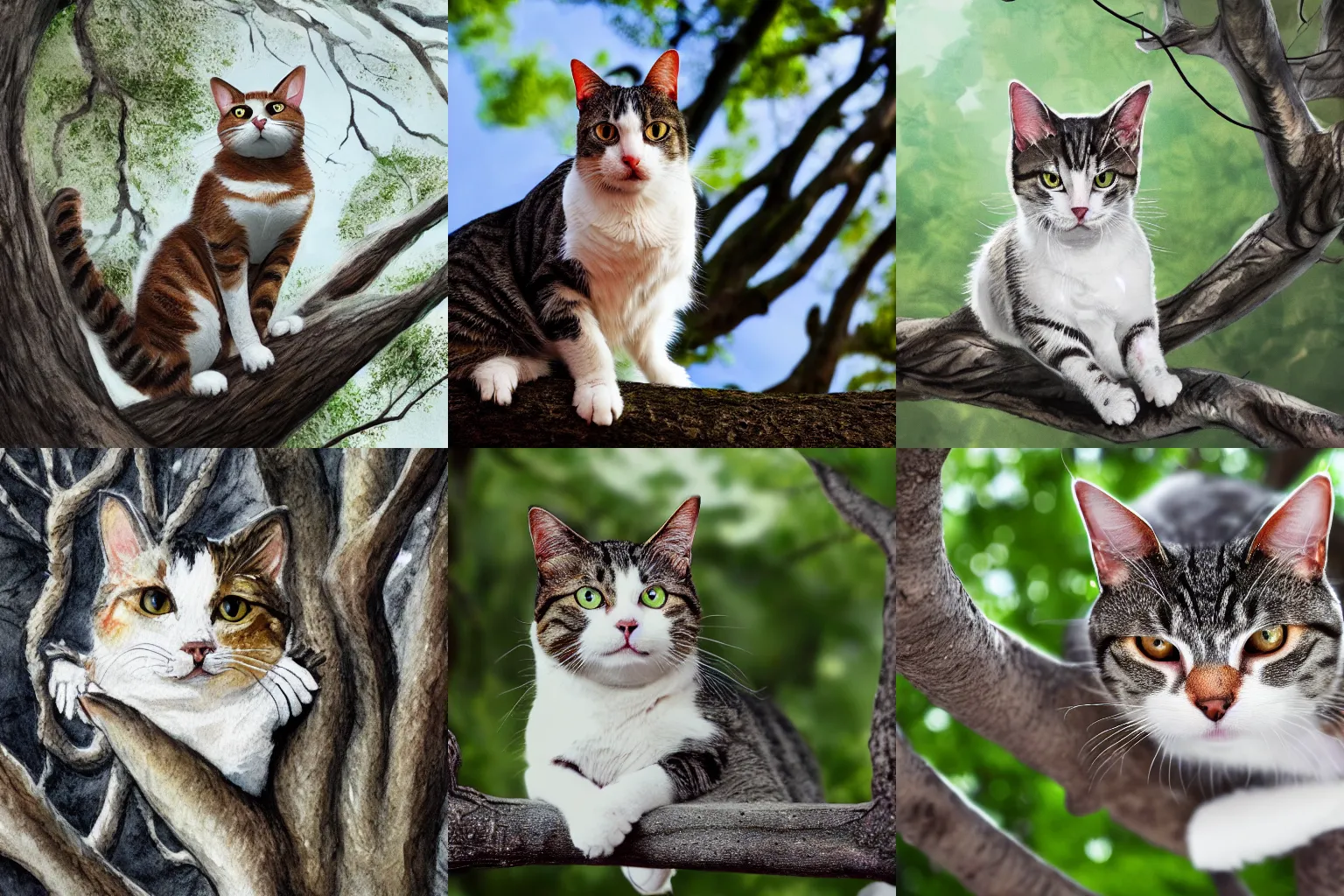 Prompt: a tabby and white cat looking scared is clinging to a branch high up in a tree, strong imagery, low view point looking upwards, fish eye lens, illustration, highly detailed water colour 8 k, cinematic lighting, hd, high detail, atmospheric, trending on artstation