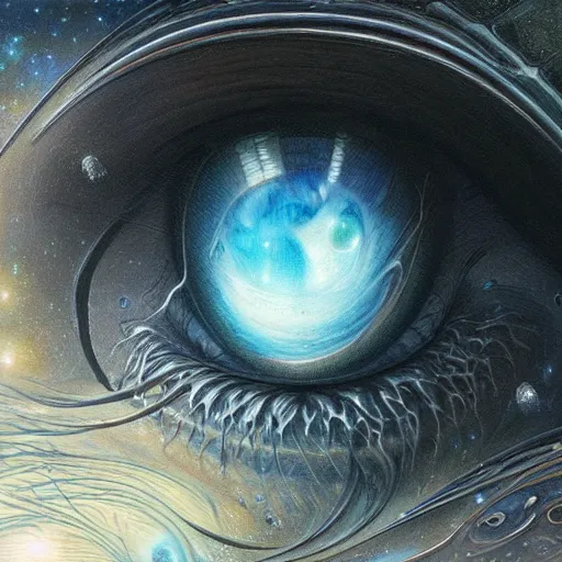 Image similar to low angle shot of a cat eye with the galaxy in the iris by clive barker, intricate, elegant, highly detailed, centered, digital painting, artstation, concept art, smooth, sharp focus, illustration, artgerm, Tomasz Alen Kopera, Peter Mohrbacher donato giancola, Joseph Christian Leyendecker, WLOP, Boris Vallejo.