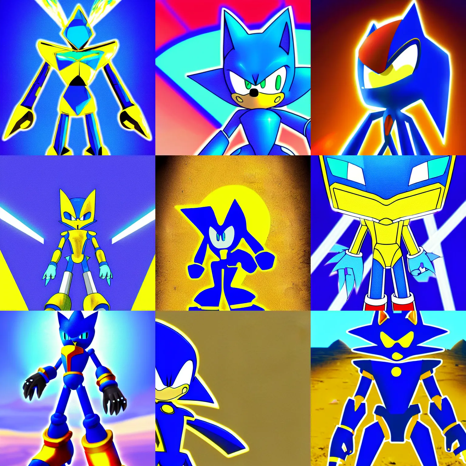 Prompt: digital drawing of metal sonic the hedgehog made out of radioactive material, in the desert, blue highlight, mecha, highly realistic, hyperrealistic, hyperdetailed, anime, artstation, perfect cut, pyramid shape, from sonic, gta cover art