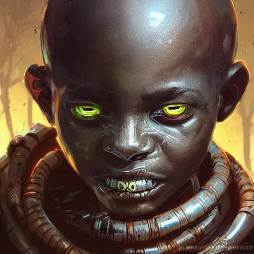 Image similar to a dark and ominous cyborg african child soldier with glowing eyes and facial scarification marks, Apex Legends character digital illustration portrait design, by android jones and greg rutkowski in a cyberpunk voodoo style, detailed, cinematic lighting, wide angle action dynamic portrait